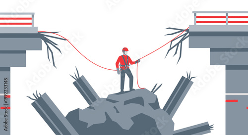 Rescuer on Rubble Connecting Bridge with Rope, Symbolizing Reconstruction and Overcoming Challenges