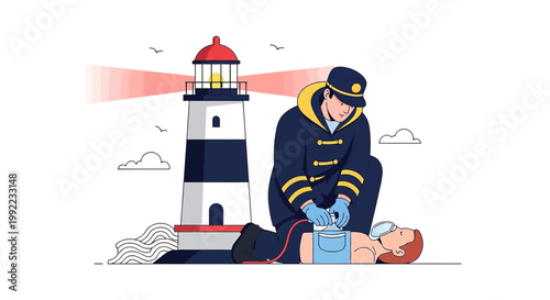Rescuer Performs CPR Near Lighthouse, Symbolizing Hope and Emergency Medical Aid