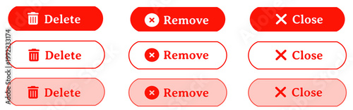 Minimal Red and White Alternating 3D Rounded UI Button Set with Delete Remove Close Icons, Clean Simple Interface Design, Outline Styles, Easy to Use Web and Mobile UI Elements