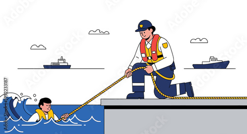 Rescuer Pulls Person from Water with Rope, Maritime Rescue, Safety at Sea