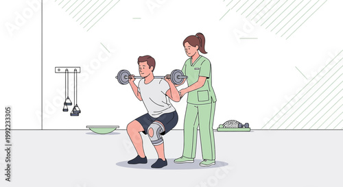 Physical therapist assisting patient with barbell squat rehabilitation exercise in clinic