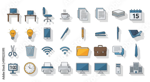 Business office supplies and technology icons.