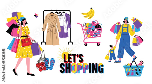 Shopping concept illustration with people and shopping bags