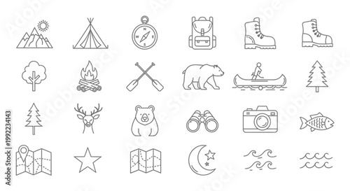 Camping icons and travel symbols.