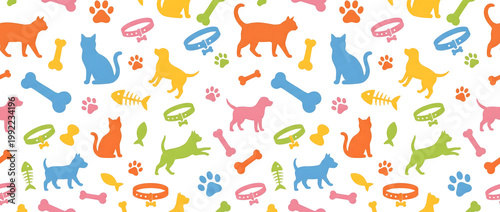 Colorful pet-themed illustration background pattern with cats dogs bones fish and collars