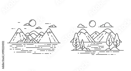 Mountain range landscape with trees.