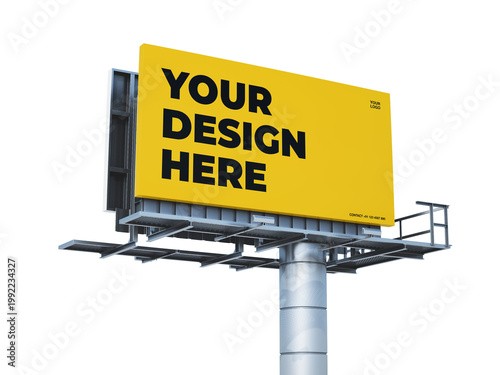 A large yellow billboard with a metal structure stands on a pole in an urban area for advertisement purposes.