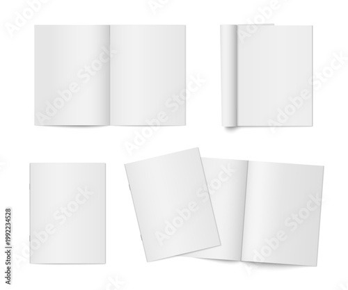 Vector mockup of paperback vertical magazine with white cover isolated. Set of realistic softcover notebook, brochure or booklet template opened and closed on white background.