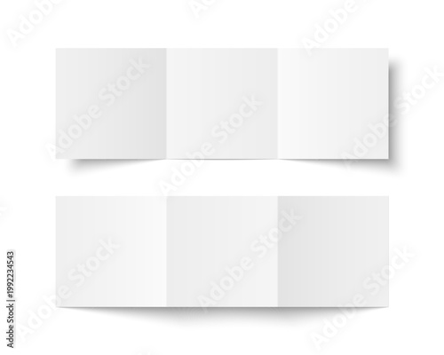 Vector white blank square three panel roll fold opened on white background. Trifold, leaflet, brochure, booklet, flyer or invitation card mockup. Mock up front and back side isolated