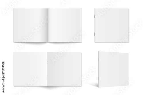 Vector set of square blank copybook with white softcover isolated. Realistic paperback magazine, catalog, brochure or booklet mockup opened and closed on white background.