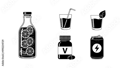 Curated collection of refreshing beverages, vital energy drinks, and essential dietary supplements presented in a modern graphic icon set for wellness and vitality