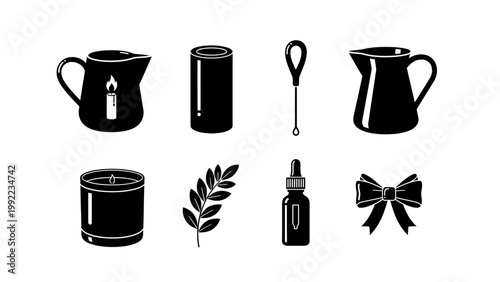 Set of Simple Black Icons Representing Candle Making Supplies and Decorations Jars, Pitchers, Oil Dropper, and Bow