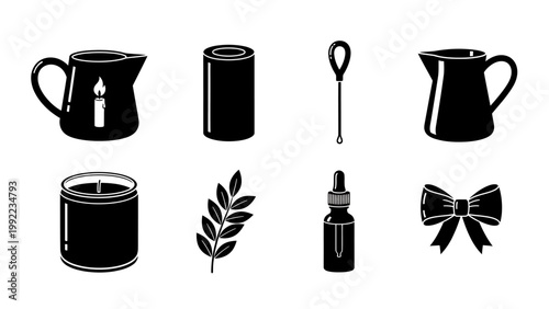 Set of handcrafted items for candle making, featuring jars, wicks, essential oil, and decorative elements for DIY crafts