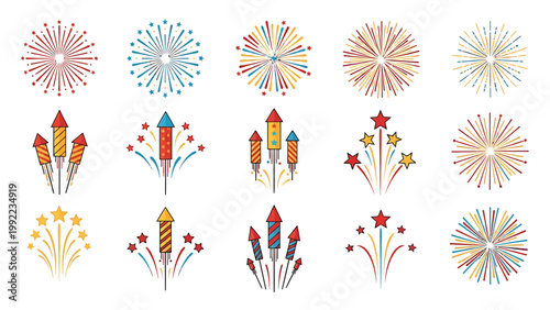 A vibrant collection of colorful, festive fireworks and rockets, perfect for celebrating special occasions and creating a dynamic visual display
