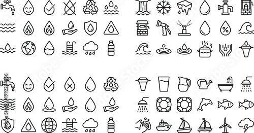 Water icons set collection eco environment symbols droplets waves recycle outline vector isolated design elements