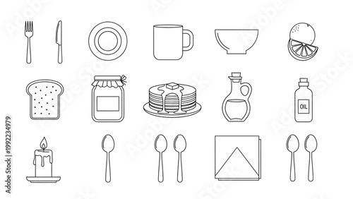 A collection of breakfast food and dining icons including pancakes, toast, jam, fruit, drinks, and cutlery in a simple outline style