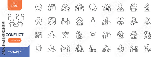 Minimal conflict line icons set featuring teamwork issues, communication problems, disagreement concepts, mediation, stress, argument, and human interaction symbols vector pack