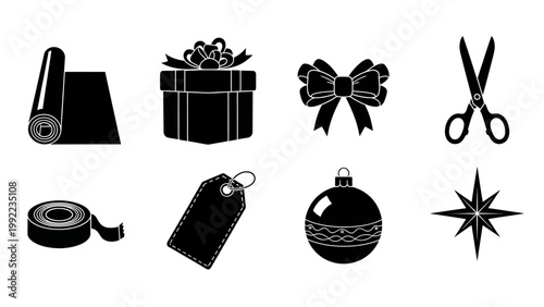Set of eight black and white icons representing Christmas gift wrapping supplies and decorations, including tape, gift wrap, gift tag, bow, scissors, bauble, and star