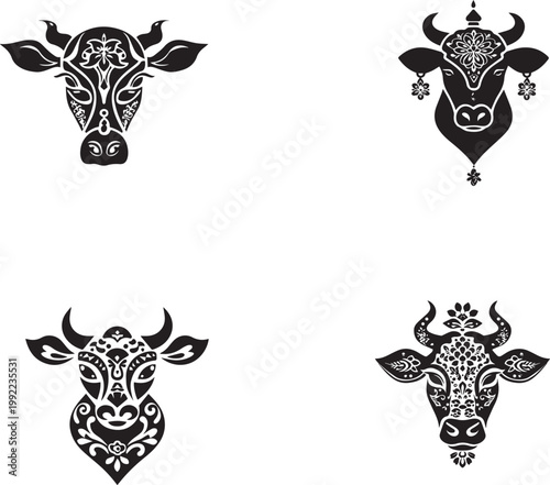Cow head design with intricate floral patterns and cultural artistic vector on white background