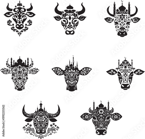 Cow head design with intricate floral patterns and cultural artistic vector on white background