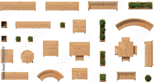 Top View Wooden Outdoor Furniture Set Collection Including Benches Tables Planters and Seating Elements for Landscape Design
