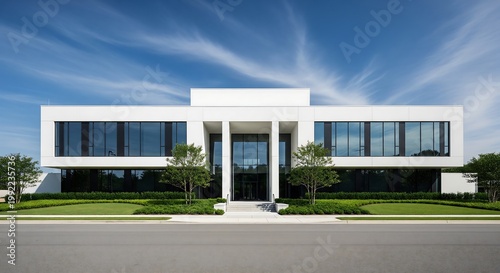 A sleek Modern building stands on a lush green lawn under a blue sky.