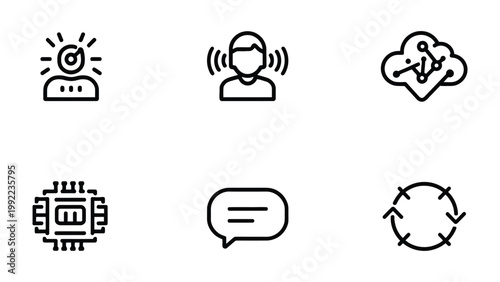 AI Icon Array: An array of minimalist icons showcases abstract concepts related to artificial intelligence, information, and data, offering versatile visual representations for technological themes.