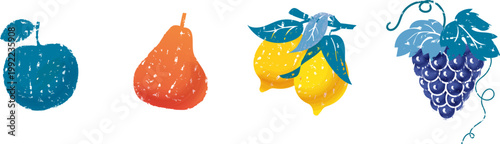 Set hand-drawn, juicy summer fruits apples, pears, bunches of grapes with leaves, grape vines, Italian lemons on a branch is designed in playful abstract Rococo style using charcoal and markers sign