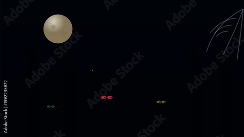 Moonlit night scene with glowing eyes and silhouetted structures Vector