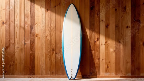 White Surfboard Accented With Blue Edges Resting On Wooden Wall