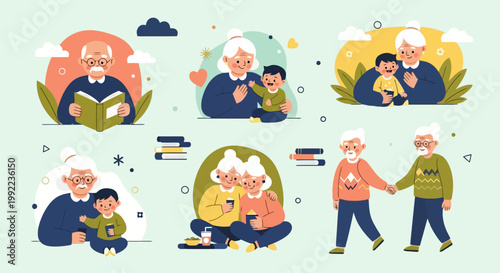 Collection of illustrations depicting various activities and interactions of elderly people, including reading, spending time with children, and enjoying leisur
