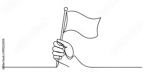 a hand holding a waving flag on a pole 4th of July Happy Independence day continuous one line drawing, A hand holding a flag on a pole in a continuous line drawing style, 4th of July greeting card pro