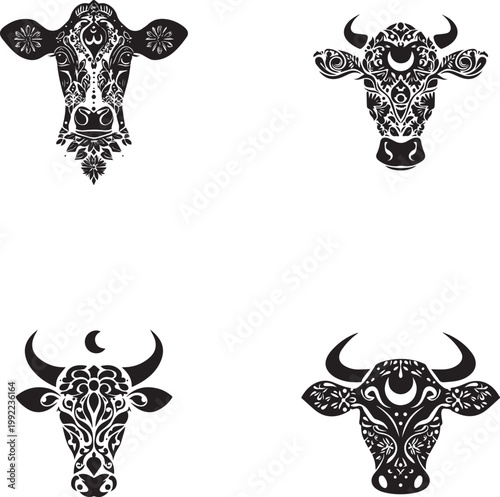 Cow head design with intricate floral patterns and cultural artistic vector on white background