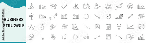 Business Struggle and Problem Icon Set, Financial Crisis Stress Failure Challenge Solution Concept Vector Collection