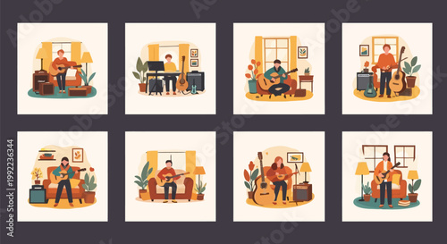 Collection of people playing musical instruments at home, enjoying their hobbies and creating music.