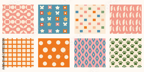 Eight colorful patterned squares arranged in a grid formation