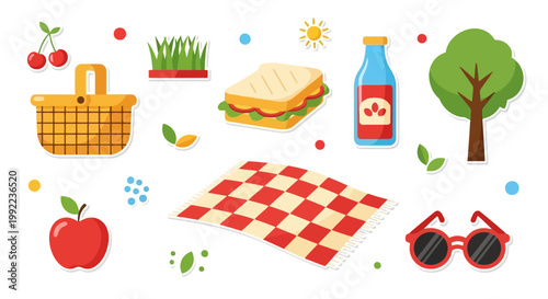 Collection of picnic essentials including basket, blanket, food, and accessories for outdoor leisure.