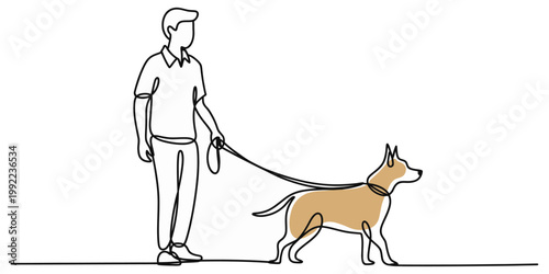 Continuous one line drawing of a man is walking a dog on a sidewalk, a man walking his dog on a leash, minimalist one line art vector illustration of a pet owner and canine companion during a daily.