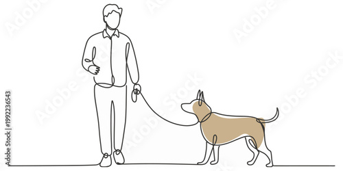 Continuous one line drawing of a man is walking a dog on a sidewalk, a man walking his dog on a leash, minimalist one line art vector illustration of a pet owner and canine companion during a daily.
