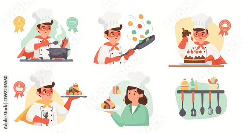 Collection of professional chefs in various culinary activities, showcasing cooking, baking, and serving dishes.