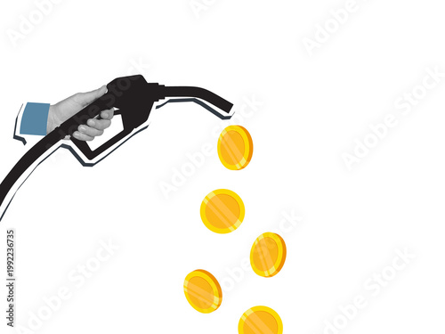 A hand holds a fuel pump nozzle with gold coins pouring out - a concept of fuel prices. Modern collage style. Illustration on a transparent background