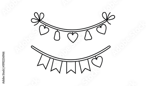 Whimsical black and white illustration of heart and triangle pennant banners, perfect for celebrations, parties, and festive decorations.