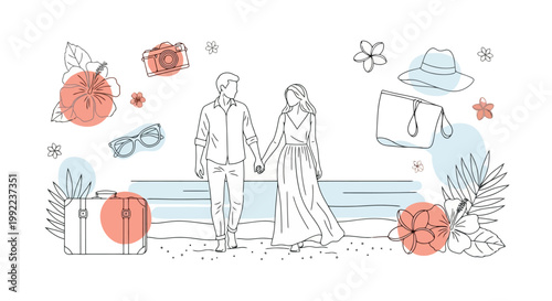 Couple holding hands on beach, romantic walk by the sea.