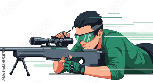 Focused marksman aiming with precision rifle in a dynamic and stylized illustration
