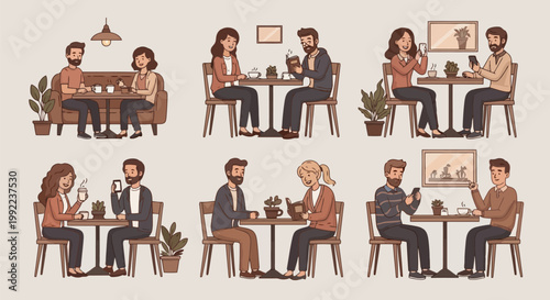 Couples enjoying coffee and conversation in a cozy cafe setting.