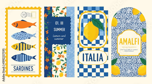 Set of amalfi coast summer elements with lemons, sardines, and traditional italian tile patterns