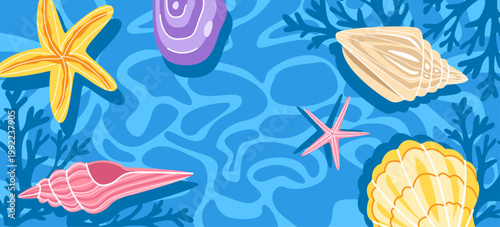 Marine seashells and starfishes on blue water background. Flat vector summer ocean illustration with decorative elements.