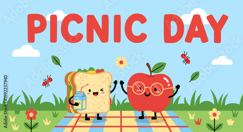 Cute cartoon sandwich and apple characters enjoying a picnic day.