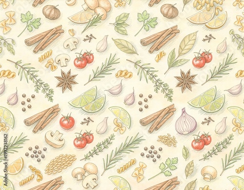 culinary ingredients pattern colored pencil style