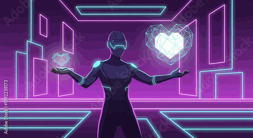 Futuristic Figure Holding Digital Hearts in Neon Cyberpunk Environment